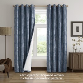 Indigo Blue and Silvery 100% Blackout Jacquard Geometric Pattern Curtains,52 Inch Wide 84 Inch Length 2 Panels, Thermal Insulated Noise Reducing Anti-Rust Grommet Drapes for Bedroom Living Room