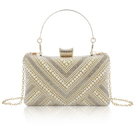 Gets White Pearl Clutch Purses for Women Wedding Bride Evening Bag Formal Party Clutches Tote Handbag Prom Shoulder Bags(Striped Champagne)
