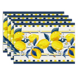 Yellow Lemon Placemat Set of 4, 12x18 Inch Seasonal Summer Watercolor Floral Fruit Bee Spring Rustic Coffee Table Mats for Indoor Outdoor Party Kitchen Dining Farmhouse Table Decoration