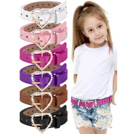 Ramede 6 Pieces Girls Belt with Heart Metal Buckle Skinny Kids Leather Belts Little Girls Belts for Jeans Dress Pants (Bright Color,18-22 Inch)
