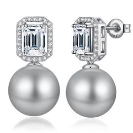 Pearl Diamond Stud Earrings Pearl Dangle Earrings for Women Sterling Silver Pearl Earrings Gray Silver Pearl Stud Earring 12mm Cubic Zirconia Pearl Wedding Earring Jewelry ZDaoBen