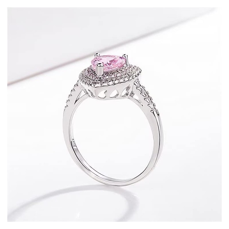 ASFKIPMF 925 Sterling Silver Shiny Full Diamond Ring Pink Heart