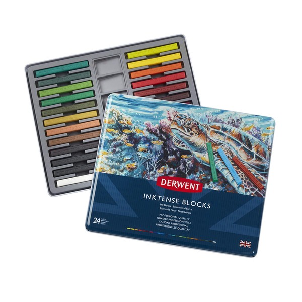 Derwent Inktense Blocks 24 Tin, Set of 24 Water-Colours, 8mm Block, Water-Soluble, Ideal for Drawing, Colouring, Crafts & Painting on Paper & Fabric, Professional Quality (2300443)