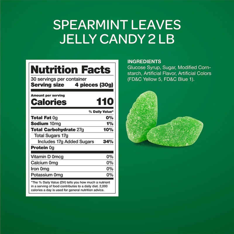 Spearmint Leaves Jelly Candy - 2 Pound Bulk Bag -