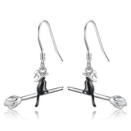 Black Cat Earrings Sterling Silver Witch Cat Dangle Earrings Black Cat Jewelry Gifts for Women