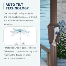 PatioKingdom 9FT Patio Umbrella Outdoor with Auto-Tilt Crank & 8 Sturdy Fiberglass Ribs,Market Table Umbrella for Pool,Backyard,Deck and Garden,Blue Green Stripes