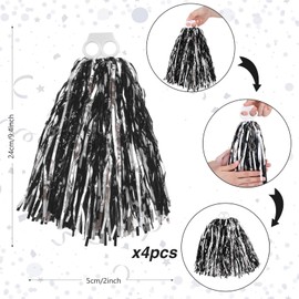 Thenshop Cheerleading Pom Poms 4 Pack Cheerleader Squad Spirited Fun Pompoms Cheer Hand Flowers Metallic Foil Pompoms for Adults Sports Meeting Team Spirit Cheering Party(Black and Silver)