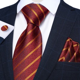 DiBanGu Men's Red Gold Stripe Ties Pocket Square Cufflinks Silk Necktie Business Party
