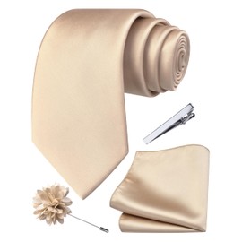 Branduce Champagne Tie for Men Wedding Solid Satin Silk Blend Necktie Pocket Square Tie Clip and Lapel Pin Brooch Set (TA14-09)