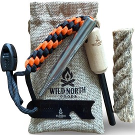 Wild North Goods Fire Starter Kit – Ferrocerium Rod (15,000+ Strikes) with Striker, Wax Tinder Rope, Collapsible Bellow & Burlap Bag – Bushcraft & Survival Tool for Camping, Hiking & Emergency Use