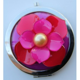 Purse Handbag Double Compact Cosmetic Mirror - 3D (L) Fuschia Flower