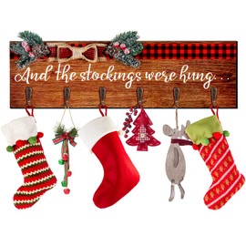 Christmas Stocking Holder with 6 Hangers The Stockings were Hung Wooden Sign Xmas Wall Hanging Sign Wall Mount Hook Holder Decorative Mantel Sign Wood Stocking Hanger for Mantle (Snowflake Style)