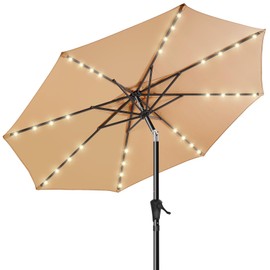HOMSHADE 9ft Solar Patio Umbrella - Solar Lights LED Lighted Outdoor Market Table Umbrella, UPF50+ UV Protection with Push Button Tilt, Crank for Pool Deck and Garden (Beige)