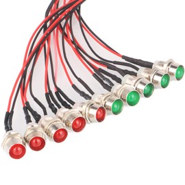GTIWUNG Pack of 10 8 mm LEDs with 20 cm Cable, DC 12 V Pre-Wired Light, Pre-Wired LED Diode Light (Red, Green, 5 Pieces) + 10 Pieces 8 mm LED Mounting Rings Plastic