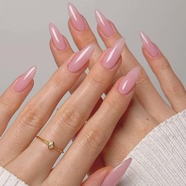 KQueenest Ombre Press on Nails Almond, French Tip False Nails Medium Stiletto, Gradient White Pink Fake Nails Press ons, Perfectly Fit, Reusable Gel Stick on Nail for Women Daily Wear, 30 Pcs