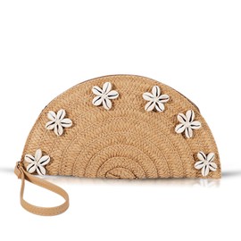 QTKJ Clutch Purses for Women, Straw Beach Bag, Bohemian Handmade Woven Envelope Package, Shell flower Tassel Summer Handbags for Vacation, Travel(Khaki)