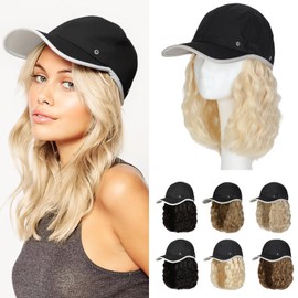 Lansigreen Quick Dry Hat with Hair Extensions Lightweight Hat Wig Adjustable Outdoor Baseball Cap Attached 15" Curly Wave Hairpiece Synthetic for Women Bleach Blonde