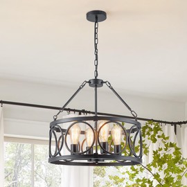 PNOUKF Farmhouse Industrial Drum Pendant Light, 4-Light Adjustable Height Black Kitchen Island Chandelier with E26 Bulb Sockets
