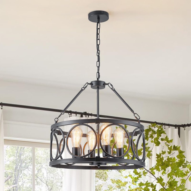 PNOUKF Farmhouse Industrial Drum Pendant Light, 4-Light Adjustable Height Black