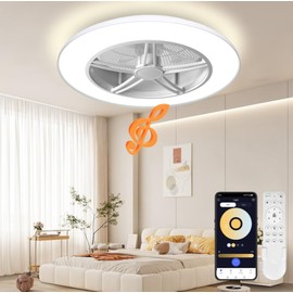 BAYSQUIRREL Low Profile Ceiling Fan with Light and Remote/APP Control,Bluetooth Bladeless Ceiling Fan With Speaker,6 Speeds Reversible 3 Color LED Dimmable Flush Mount Ceiling Fans for Bedroom