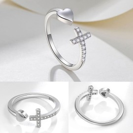 Gilieyer Cross Rings, Christian Rings Open Adjustable Inspirational Rings Jesus Cross Ring Bible Cross Jewellery for Men and Women (Heart Silver), Non-precious metal