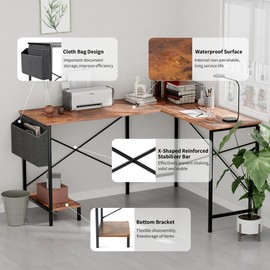 L Shaped Desk - 50" Reversible Home Office Computer Desk, Wood Top, Metal Frame, Side Bag, Sturdy Gaming Desk Corner Table for Work, Writing and Study, Space-Saving