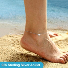 FOCALOOK Women's Girls S925 Silver Anklet Charm Anklet Heart Pendant with A to Z Letters 22 cm Anklet Waterproof Foot Clip Summer Fashion Jewellery Foot Jewellery on the Beach, Silver