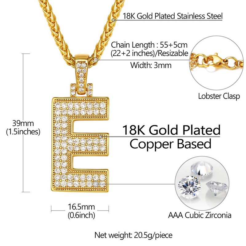 Richsteel Gold Letter E Necklace Bling Chains Men Name Initial