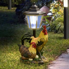 JIALINXIA Solar Garden Outdoor Statues Rooster Hen Couple with Light, Outside-Outdoor Decorations Chicken Sculptures for Patio Yard Lawn Walkway Ornaments Clearance Gifts for Mom Grandma Birthday