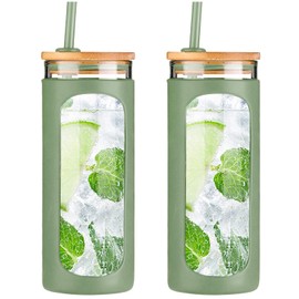 Kodrine Glass Tumbler with Straw and Lid, 20oz Glass Coffee Tumbler with Bamboo Lid, Iced Coffee Cup Silicone Protective Sleeve BPA Free- Olive- 2 pack