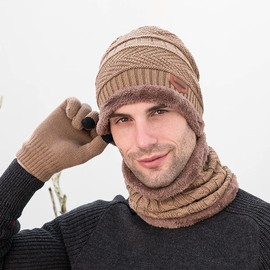 Winter Beanie Hat Scarf Set Warm Knitted Hat Outdoor Ski Skull Cap with Fleece Lined for Men Women (Khaki)