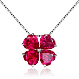 Women's Heart 925 Sterling Silver Pendant Birthstone Jewellery 40-45 cm Adjustable Chain Necklace Women's Chain Lucky Charm Lucky Clover Gifts for Party/Anniversary/Birthday, Sterling Silver, Ruby