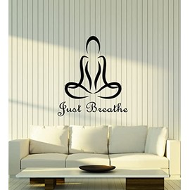 Vinyl Wall Decal Just Breathe Quote Yoga Meditation Room Decor Lotus Pose Stickers (4244ig) Black