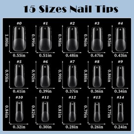 AddFavor Medium Square Gel Nail Tips - 600pcs Clear Acrylic Nails Tips Medium Fake Nails Full Cover Soft Gel Nail Tips for Nail Extension, Press on Nails 15 Sizes Artificial False Nails
