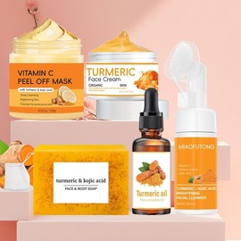 MIAOFUTONG Turmeric Skin Care Set, 5 Counts/set Including Soap & Cleansing Pad & Mousse Cleanser & Oil & Vitamin C Peel Off Mask & Moisturizer, Deep Cleansing & Nourishing Skin Care Kit