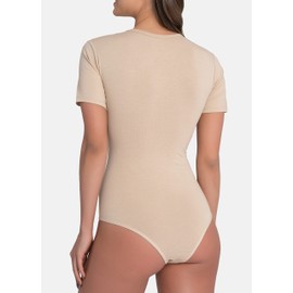 Avely Bodysuit for Women Made of Cotton, Short Sleeve Bodysuit with Crew Neck for Women, Bodysuit Women with Sleeves, Body Shaper Elegant, beige