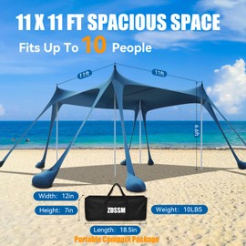 Beach Tent Sun Shelter Portable Pop Up Beach Sun Shade Canopy 11x11 FT UPF80+ Protection Outdoor,4 Thickened Aluminum Poles for Backyard,Picnics,Camping and Beach (Navy)