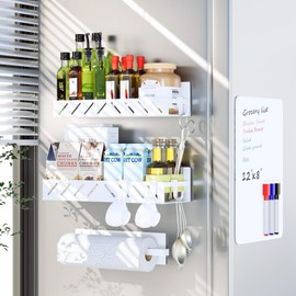 FullyWarms Magnetic Spice Rack for Refrigerator,4 Pack Metal Magnetic Shelf White with Paper Towel Holder,Whiteboard,3 Markers,4 Hooks,Heavy Duty Storage for Spices,Hollowed-out