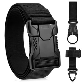 ZOCONE Black Quick Release Military Tactical Belt with 2 Velcro Hooks Adjustable Size Mens Belts Canvas 120cm/47.24in Stretch Elasticated Belt Men for Work, Sports, Travel No Metal Work Belts for Men