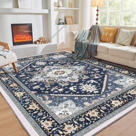 OPPODREAM Soft Area Rugs 5x7, 5x7 Washable Rug with Non Slip Backing, 5 x 7 Faux Cashmere Low-Pile Carpet, Navy Blue & Gold