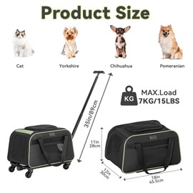 Petsfit Cat Carrier with Wheels Airline Approved, Pet Dog Carrier with Wheels for Small Dogs, Rolling Cat Carrier for Cats Puppy Stroller Detachable and Foldable Pet Travel Bag, Black&Green