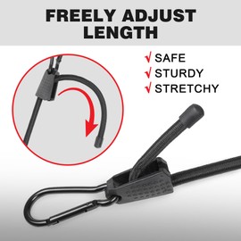 Masterwise 6 PCS Adjustable Bungee Cords with Hooks, 12 Inches Black Elastic Cord with Carabiner Hooks, Heavy Duty Bungee Straps for Outdoor Tent, Cart, Bike Rack, Trucks, Luggage and Cargo