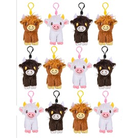Set of 12 Highland Cow Plush Stuffed Animals with Clip - Adorable Hairy Farm Animal Toy - Plush - Soft Squishy Animal Plushie Stuffie - Backpack Clip (Set of 12 Cows (1 Dozen))