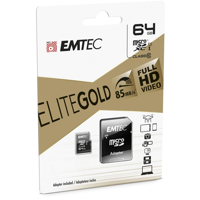 Emtec ECMSDM64GXC10 EliteGold 64GB microSDXC Speicherkarte - Highspeed, SD-Adapter UHS-I,