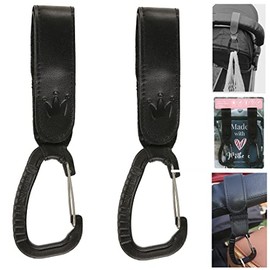 Genuine Leather Stroller Hook by Motheric - Baby Stroller Leather Hooks, Stroller Hooks for Diaper Bags, Leather Stroller Clips - 2Pcs - Stroller Bag Hook - Black