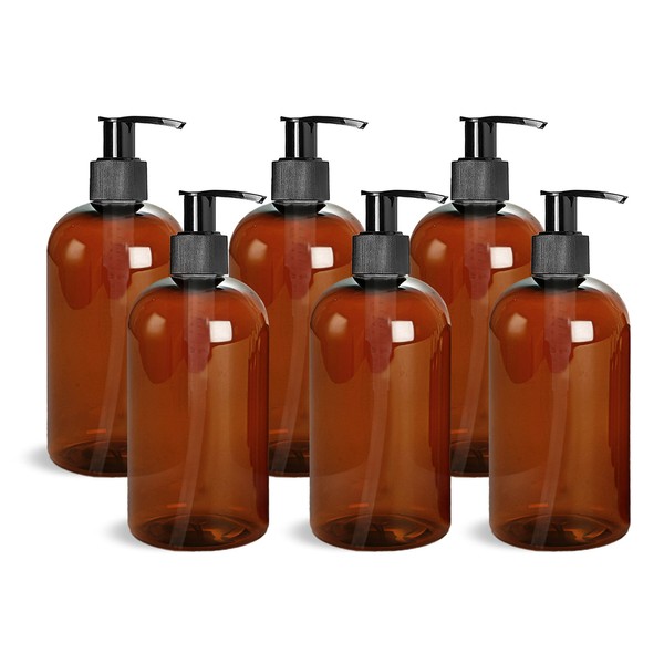 ljdeals 16 oz Amber Plastic Bottle with Black Lotion Pump, Refillable Containers for Shampoo, Lotions, Cream and More, Pack of 6, BPA Free, Made in USA