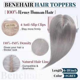 Benehair Clip in Top Hairpieces for Women with Thinning Hair Remy Human Hair Topper with Silk Base Topper One Piece Realistic Hair Extensions Replacement 53g #68 Grey 18 Inch