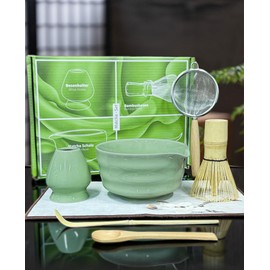 Matcha Whisk Set, 7Pcs Macha Kit, Matcha Tea Ceremony Accessories, Ceramic Bowl with Spout, Match Whisk(Chasen) and Holder, Bamboo Stainless Sifter, Scoop, Spoon and Towel, Gift for Tea Starter Lover