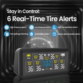 Guistekno RV Tire Pressure Monitoring Systems (TPMS) w/ 4-inch LCD Screen, Wireless TPMS w/ 6 Sensors & 6 Alarm Modes, 0-144 PSI±1.5PSI, Solar/USB Charging, for Light RV & Dually Truck