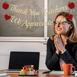 Glittery Thank You Teachers We Appreciate You Banner Teacher Appreciation Week Garland Banner with Glittery Red Heart Apple Teacher Day Teachers Day Party Decorations Supplies
